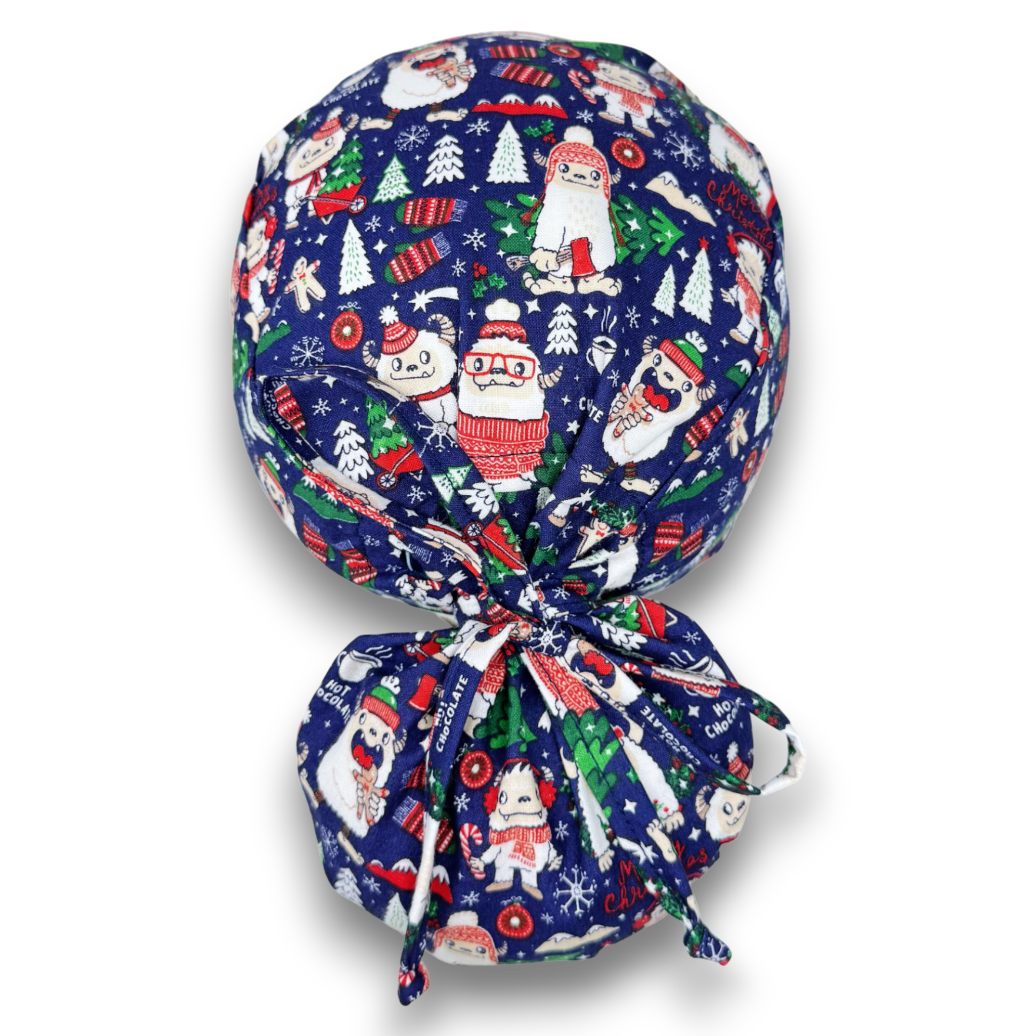 Yeti Ponytail scrub cap with Satin Lined. Christmas surgical scrub hats for women by Paradise Caps.