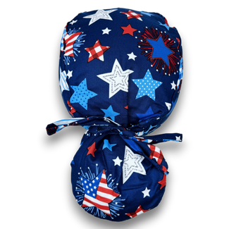 Patriotic ponytail scrub cap for women with Satin Lined option by Paradise Caps.