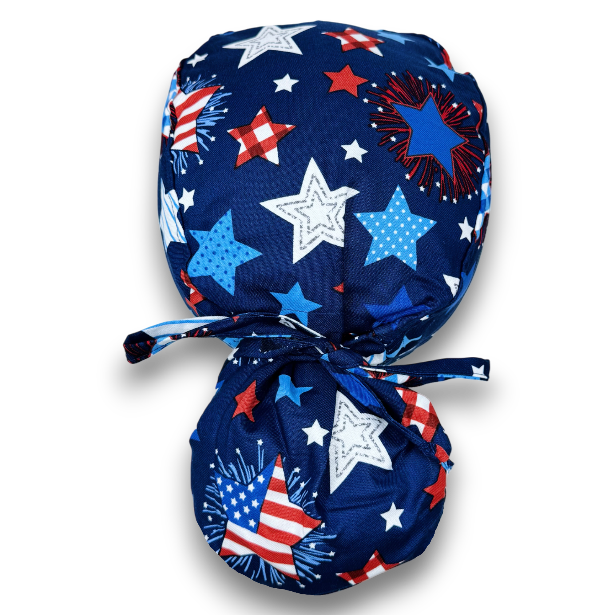 Patriotic ponytail scrub cap for women with Satin Lined option by Paradise Caps.