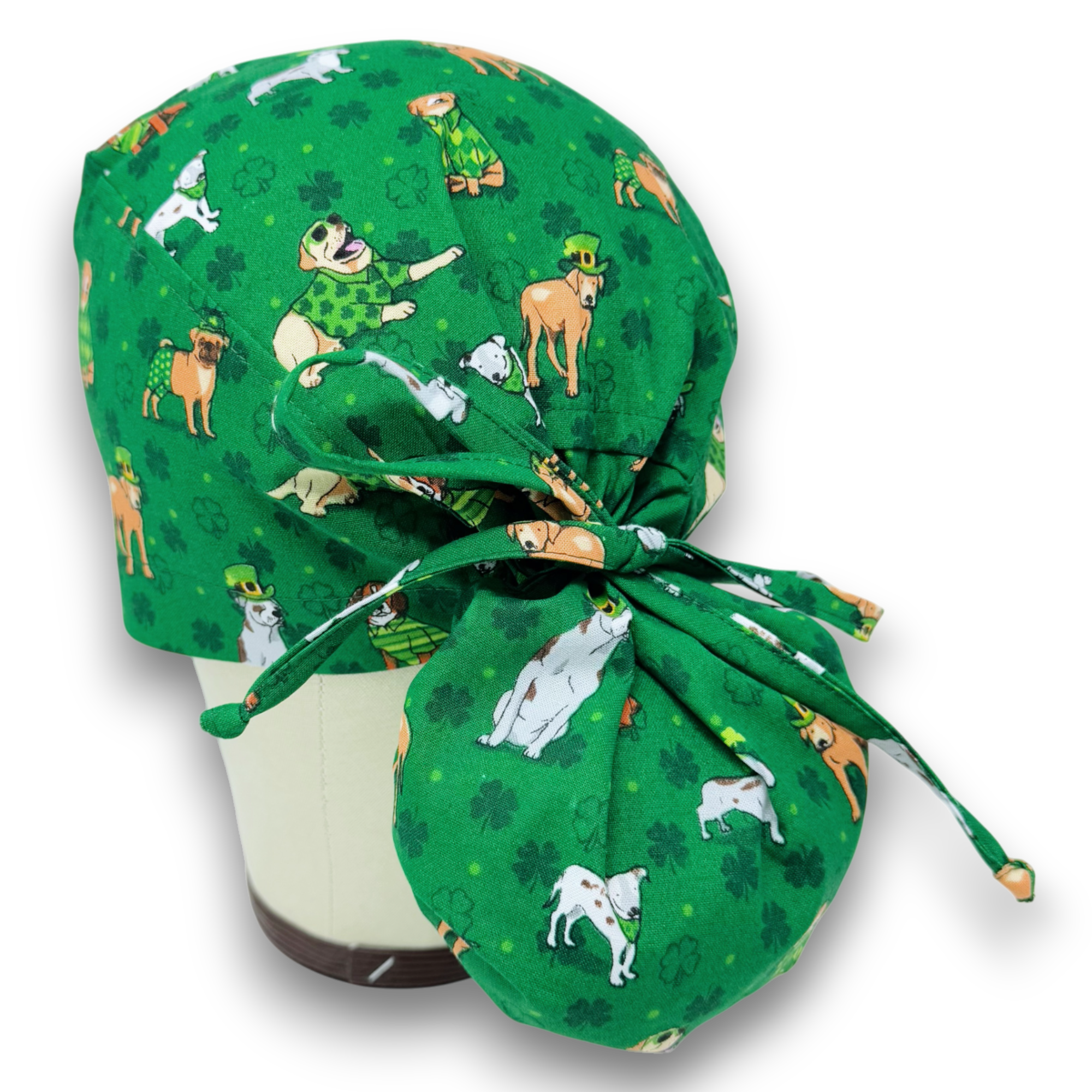 St. Patrick’s Day Ponytail scrub cap for women with satin lined option by Paradise Caps.