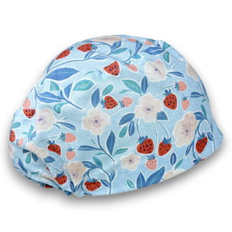 Strawberry Floral Euro Scrub Cap for Women, European surgical hat with satin lined by Paradise Caps. Blue.