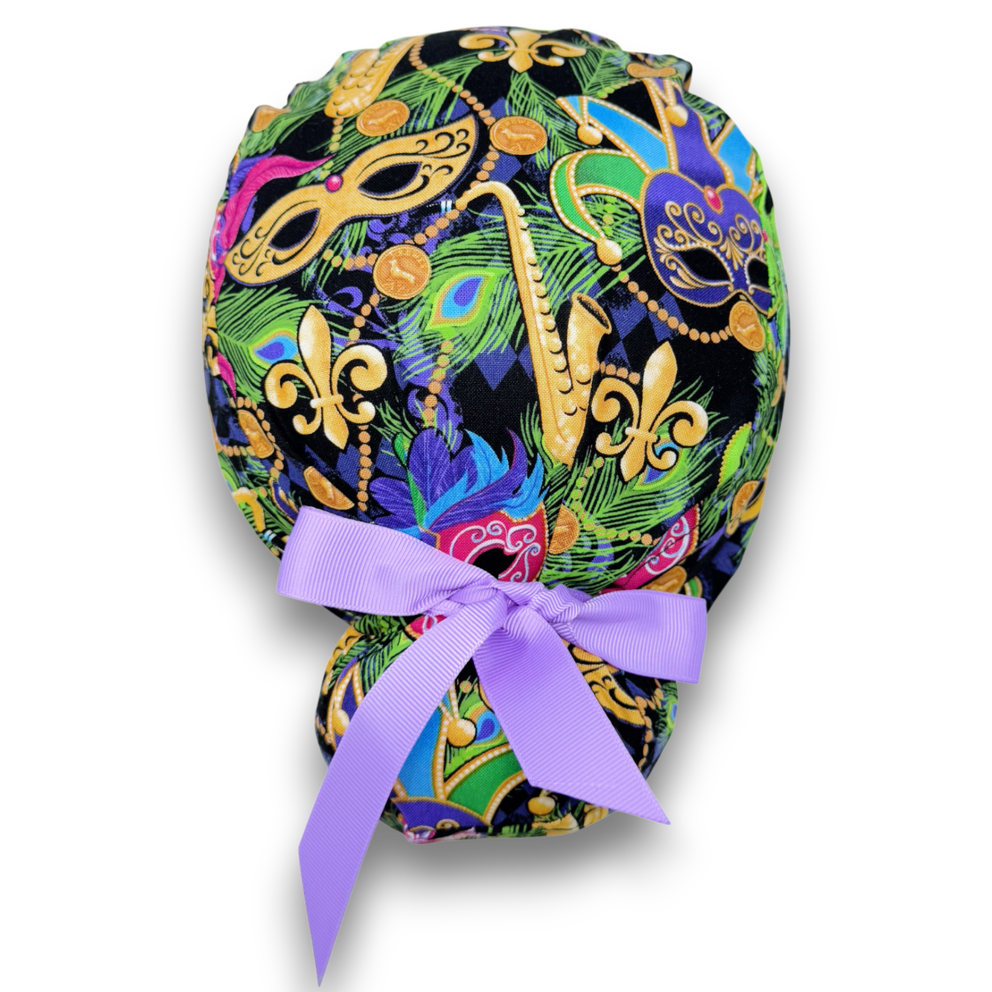 Mardi Gras Euro scrub cap with ties for Women by Paradise Caps. Euro PLUS style.