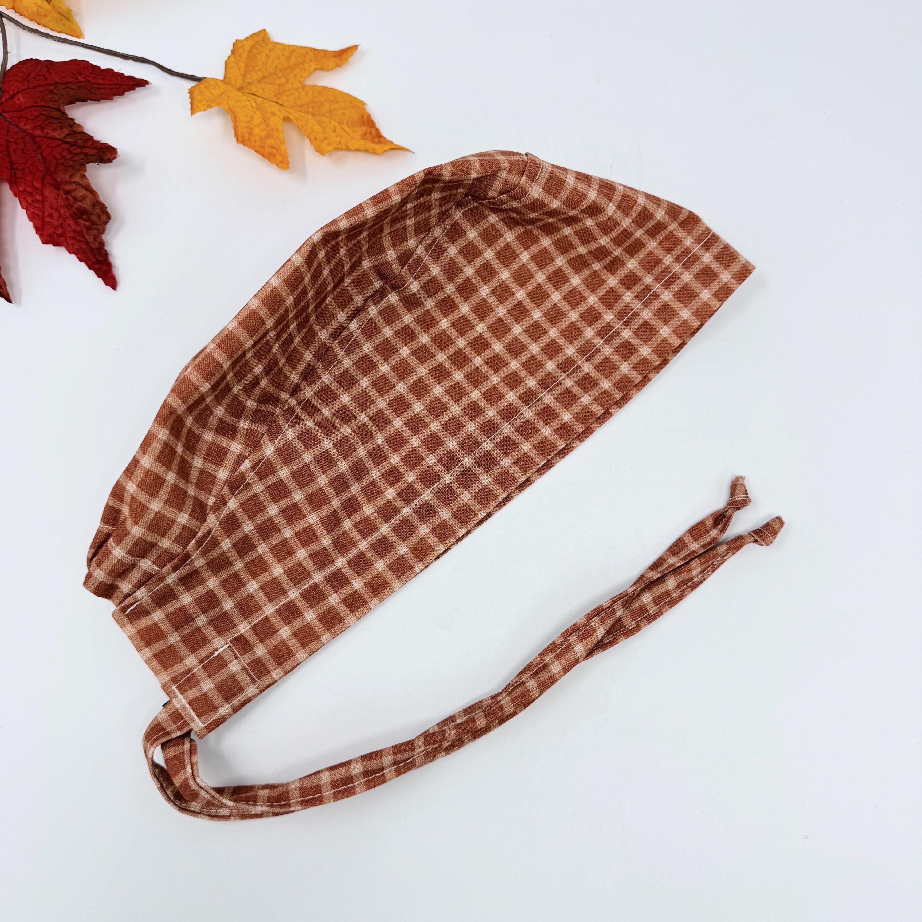 Fall Men's surgical cap. Rustic Check skull tie-back style scrub cap by Paradise Caps.