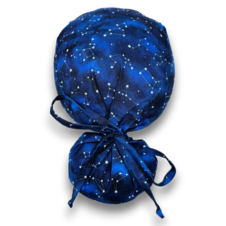 Ponytail scrub cap with satin lined option. Constellation Blue Scrub hat for women by Paradise Caps.