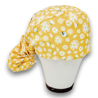 Yellow flowers Ponytail scrub cap for women with satin lined option by Paradise Caps.