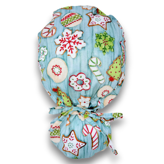 Christmas gingerbread Ponytail scrub cap for women with satin lined option by Paradise Caps.
