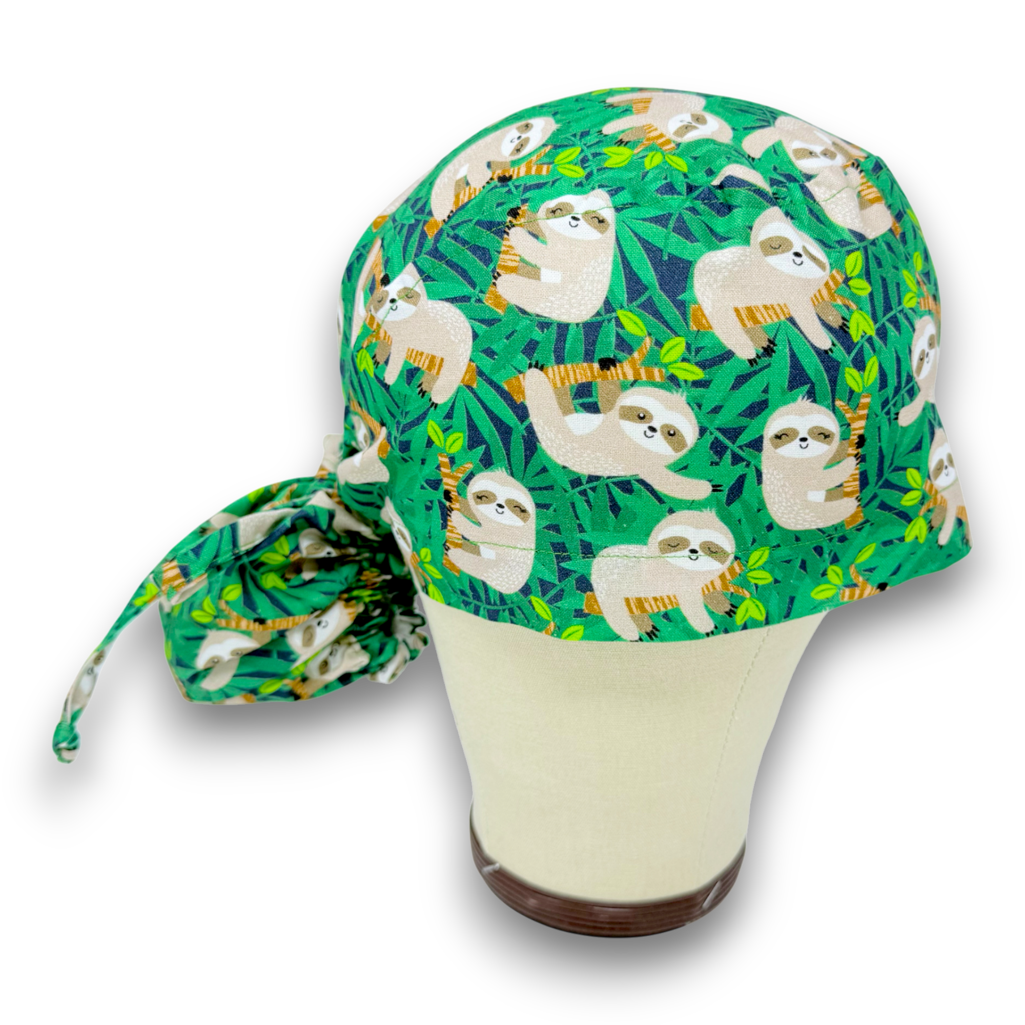 Sloth Ponytail scrub cap for women with satin lined option by Paradise Caps.
