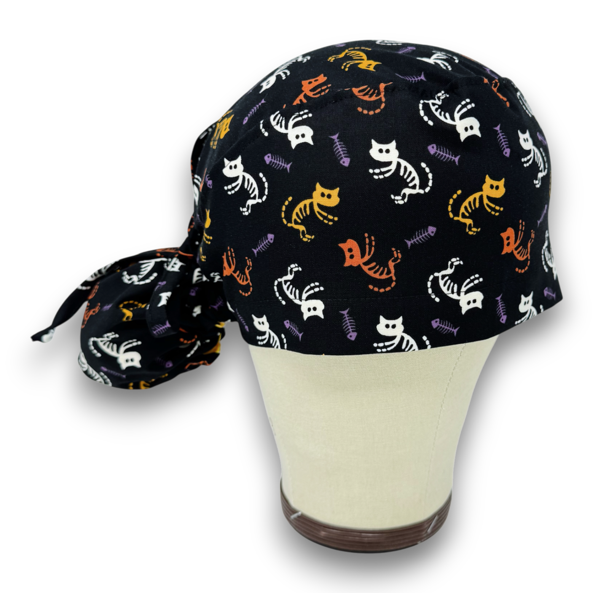 Skeleton Cat Ponytail scrub cap for women with satin lined option by Paradise Caps.