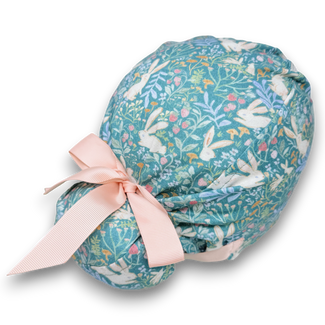 Euro scrub cap with ties for Women, Bunny Garden European Surgical cap with Satin Lined Option by Paradise Caps. Euro PLUS style. Easter.