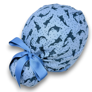 Ocean Orcas Euro scrub cap with ties for Women by Paradise Caps. Euro PLUS style.