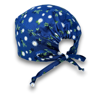 Navy Daisy Skull tie-back style surgical scrub cap by Paradise Caps.