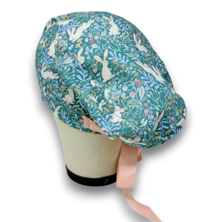 Euro scrub cap with ties for Women, Bunny Garden European Surgical cap with Satin Lined Option by Paradise Caps. Euro PLUS style. Easter.