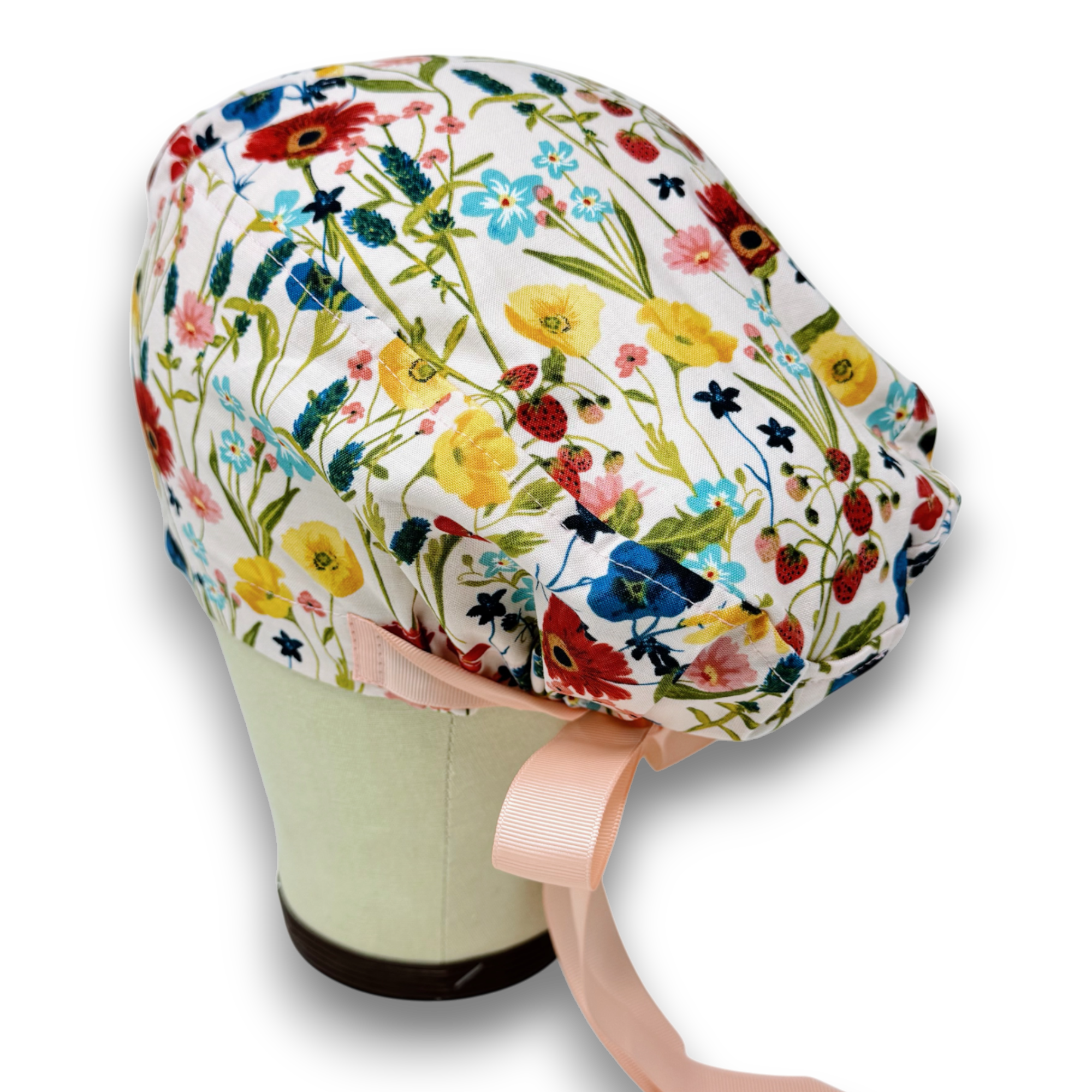 Red flower Euro scrub cap with ties for Women by Paradise Caps. Euro PLUS style.