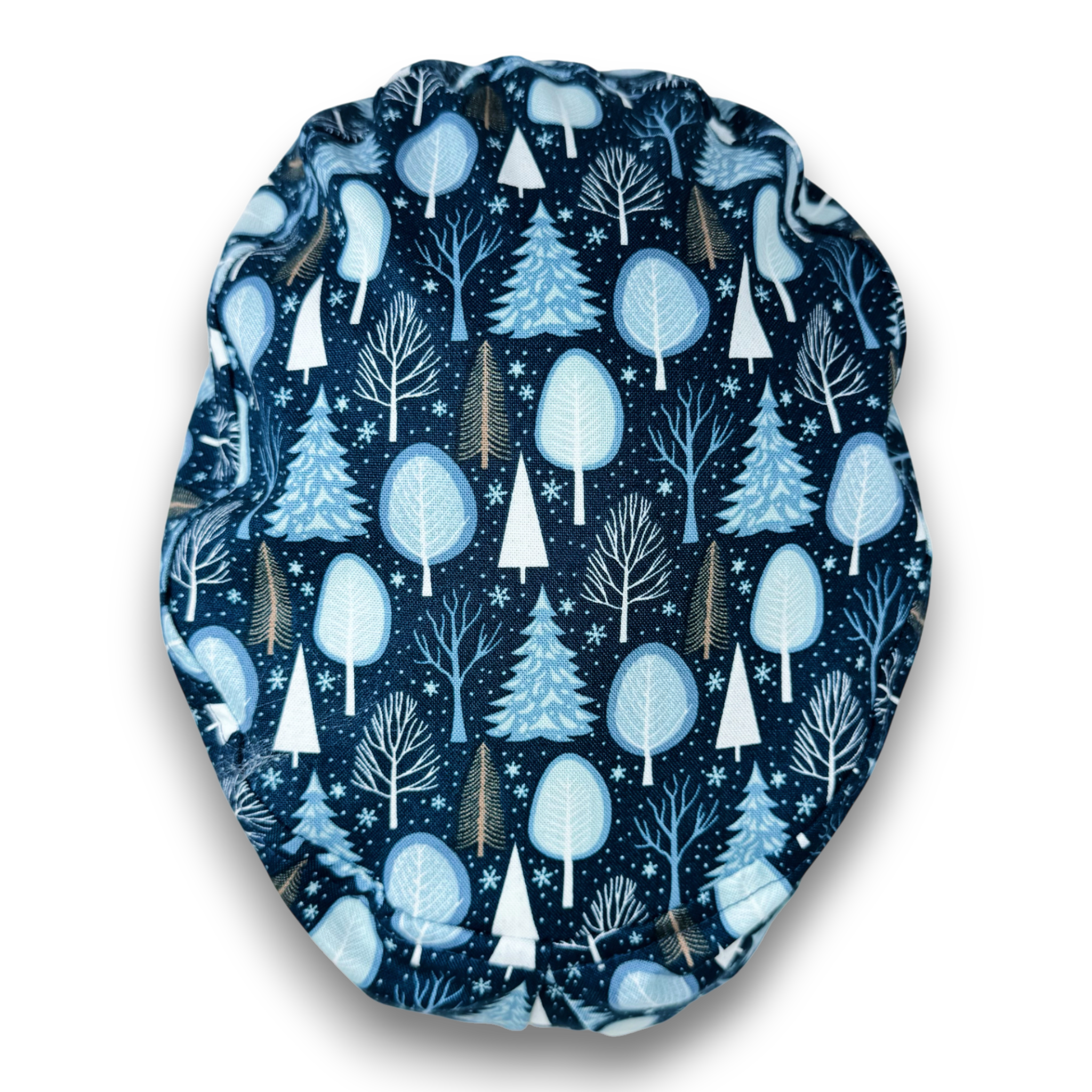 Christmas Euro scrub cap for women. Winter tree European satin lined surgical cap by Paradise Caps. Blue.