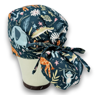 Wild animal Ponytail scrub cap for women with satin lined option by Paradise Caps.
