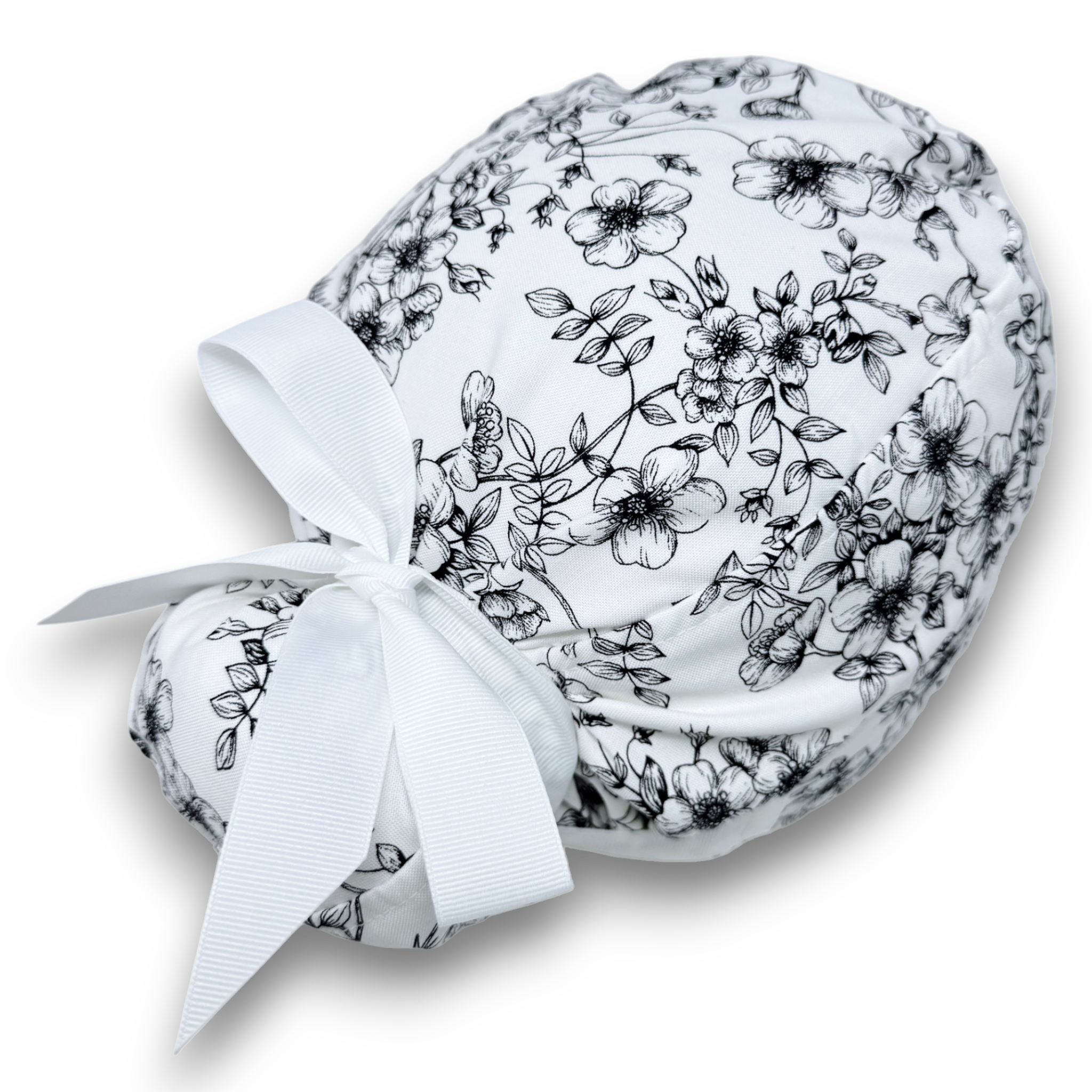Flowers on white Euro PLUS style with ties Scrub Cap for Women, European Surgical cap with Satin Lined Option.