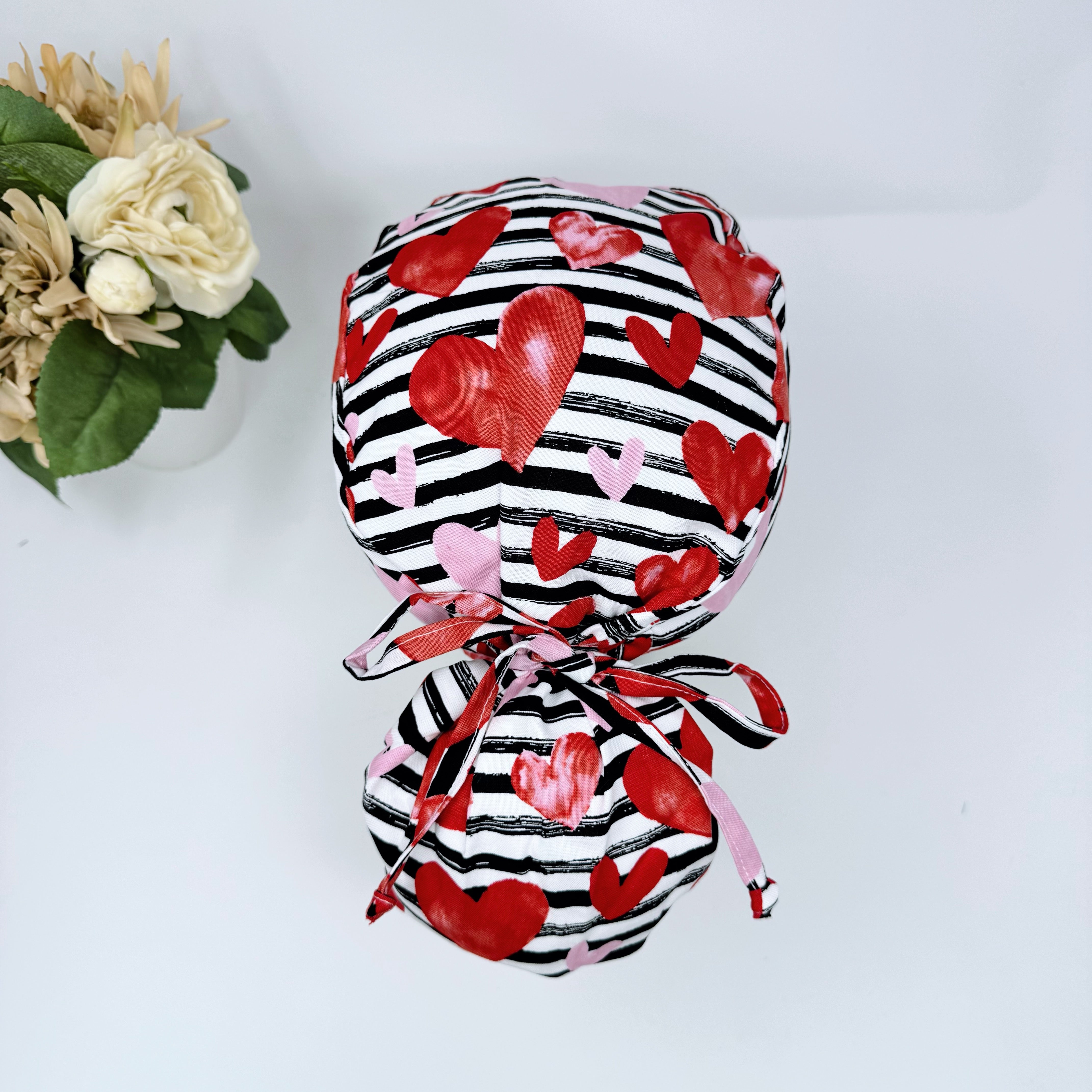 Valentine's day Ponytail scrub cap for women with satin lined option by Paradise Caps.
