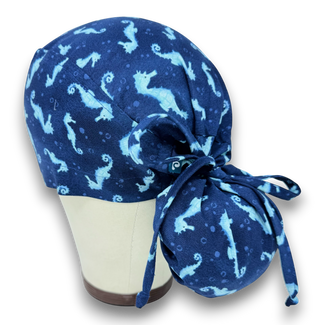 Ponytail scrub cap women. Ocean Seahorse Print Satin Lined option Ponytail scrub hat. Scrub caps for women by Paradise Caps.
