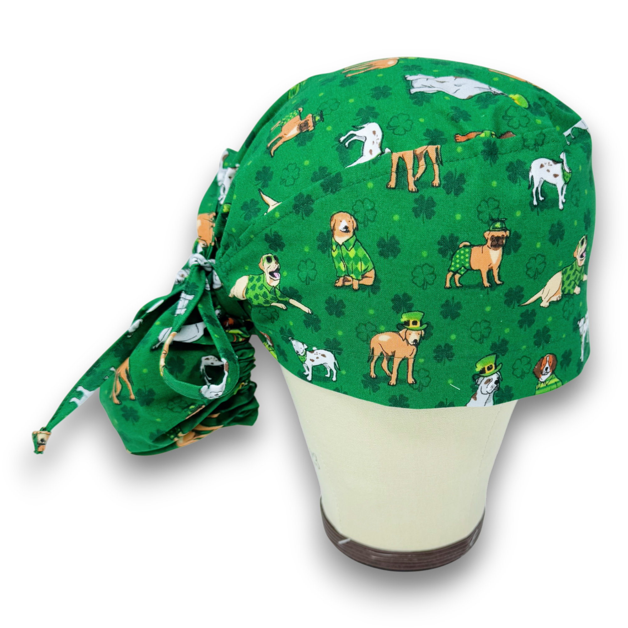 St. Patrick’s Day Ponytail scrub cap for women with satin lined option by Paradise Caps.