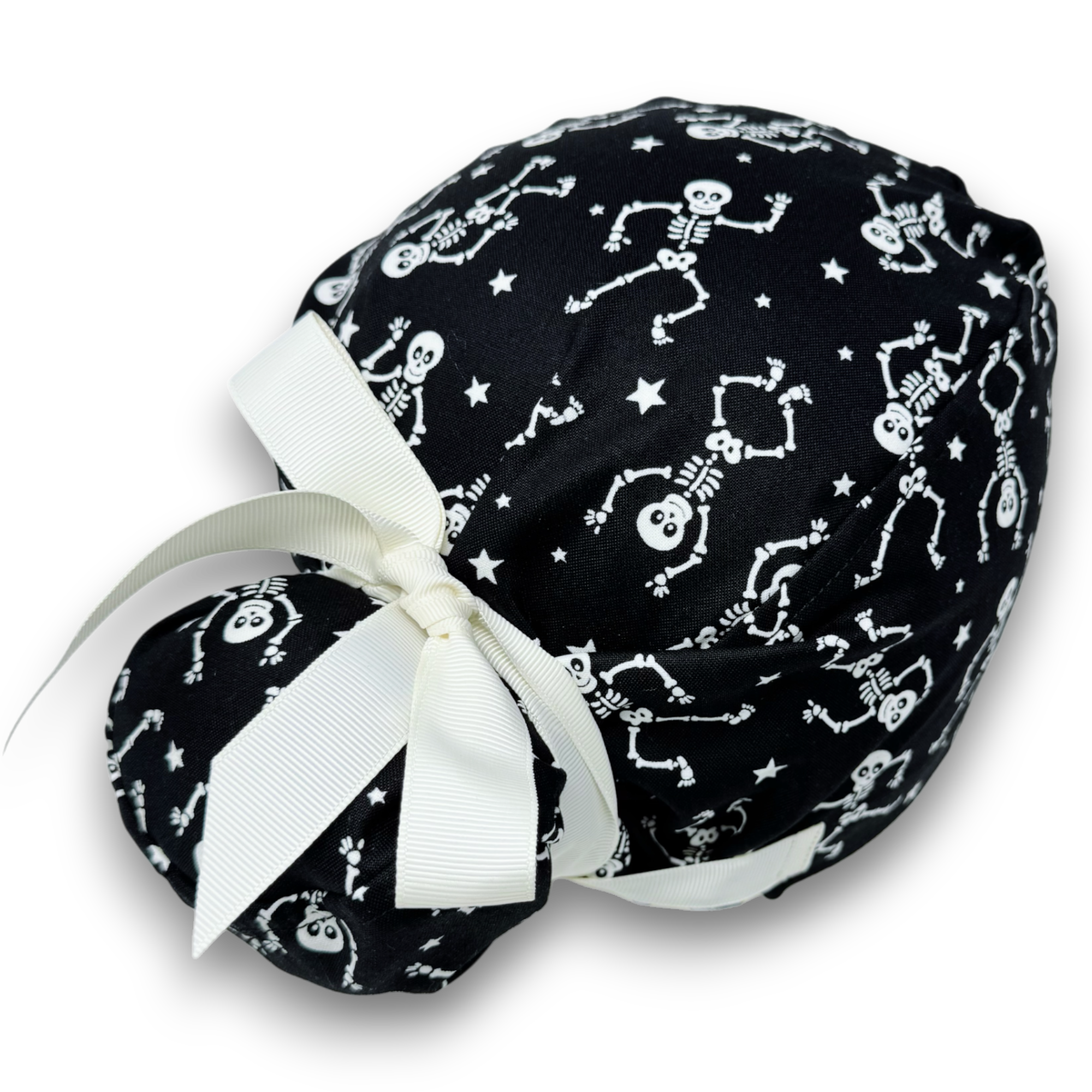 Glow Halloween Euro scrub cap with ties for Women, Skeleton European Surgical cap with Satin Lined Option by Paradise Caps. Euro PLUS style.