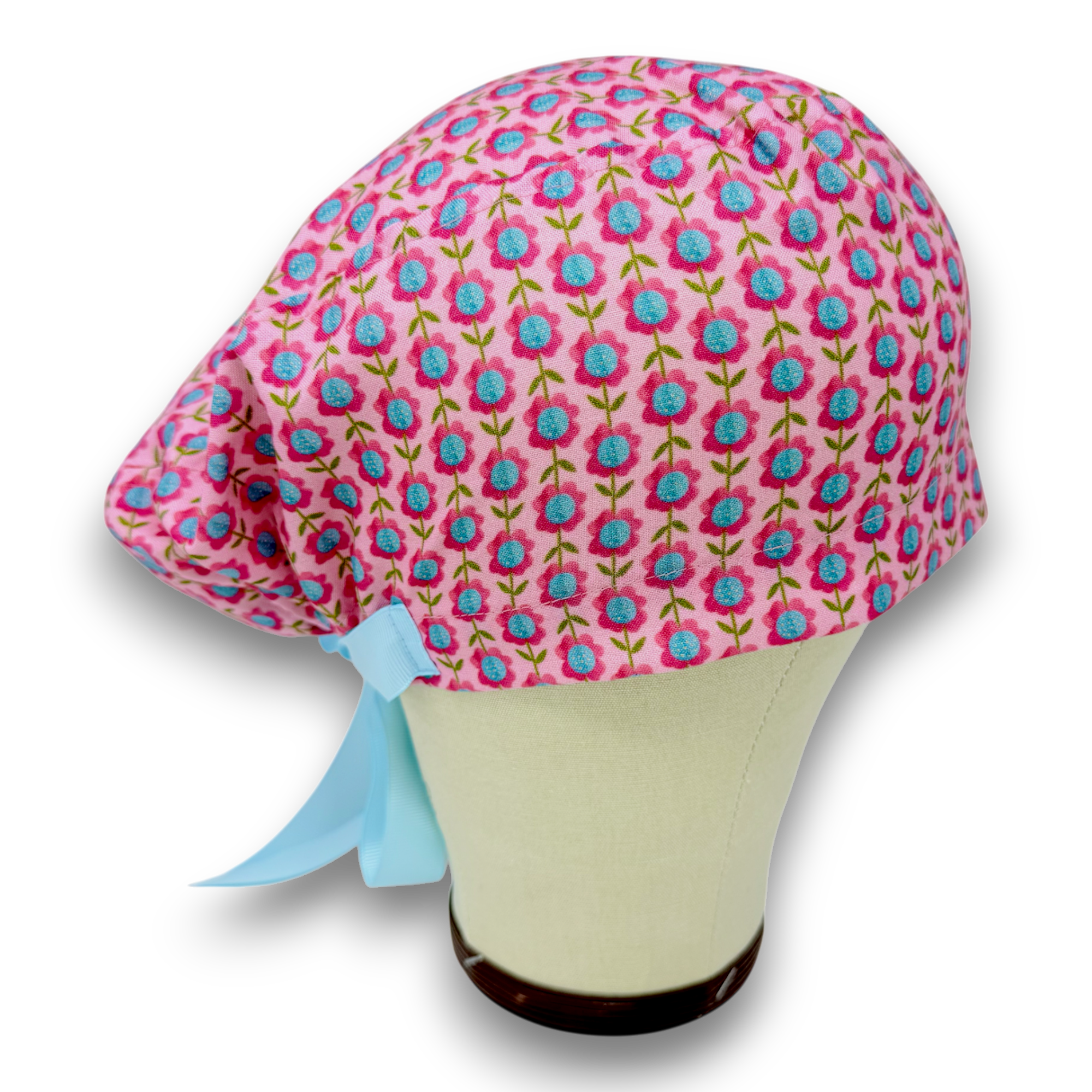Floral Euro scrub cap with ties for Women by Paradise Caps. Euro PLUS style.