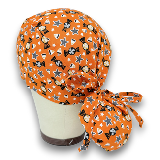 Candy corn Ponytail scrub cap for women with satin lined option by Paradise Caps.