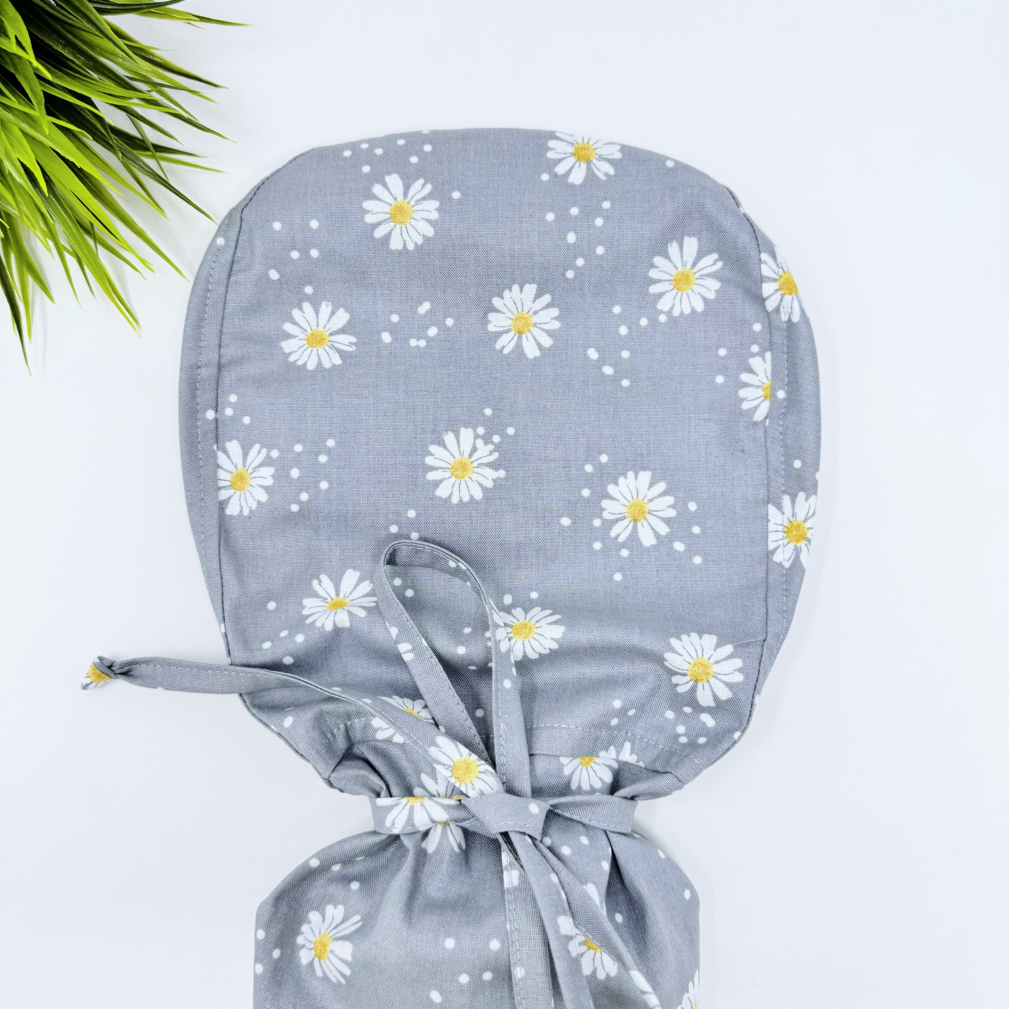 Gray Daisy Dots Ponytail scrub cap for women with satin lined option by Paradise Caps.