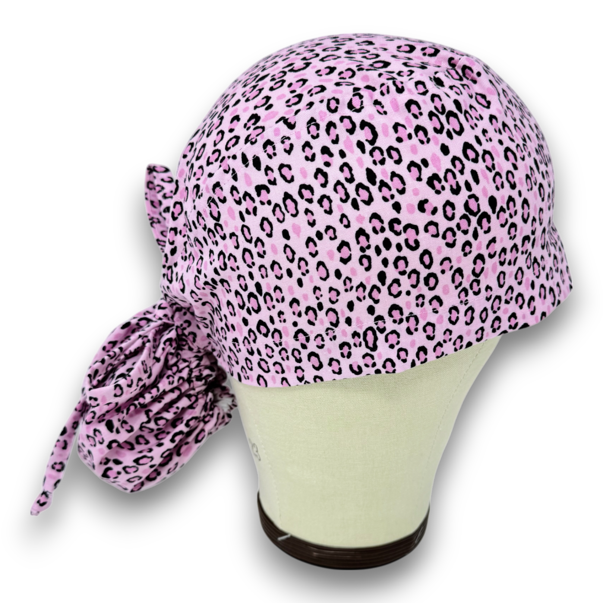 Leopard Ponytail scrub cap for women with satin lined option by Paradise Caps.