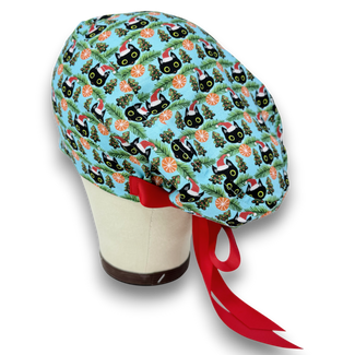 Christmas Cat Euro scrub cap with ties for Women by Paradise Caps. Euro PLUS style.