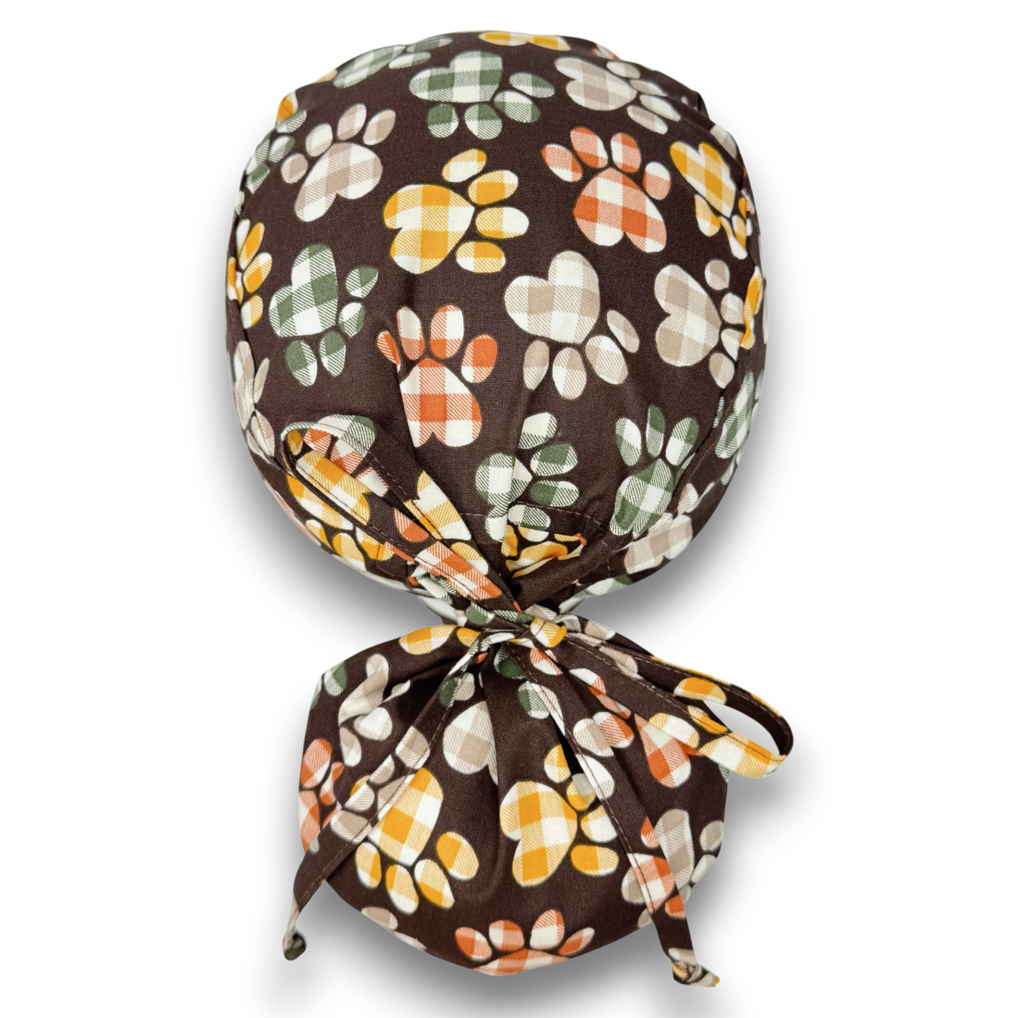 Fall Plaid Paw Print Ponytail scrub cap for women with satin lined option by Paradise Caps.
