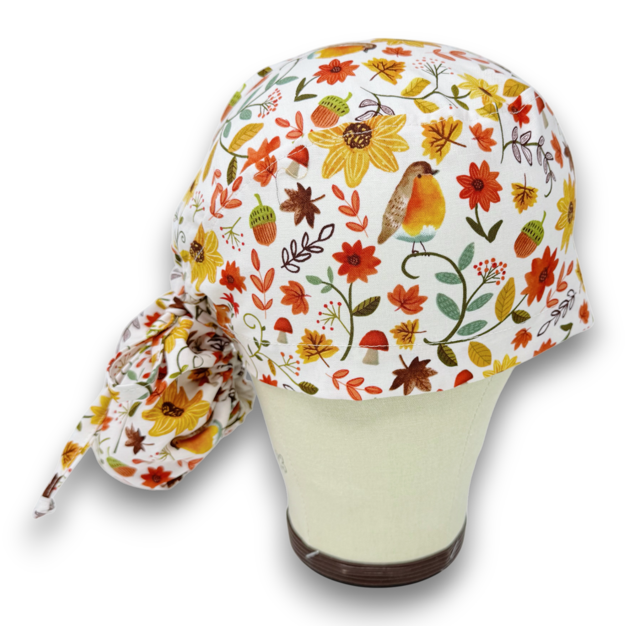 Fall flower Ponytail scrub cap for women. Satin Lined Option Surgical cap with ponytail by Paradise Caps.