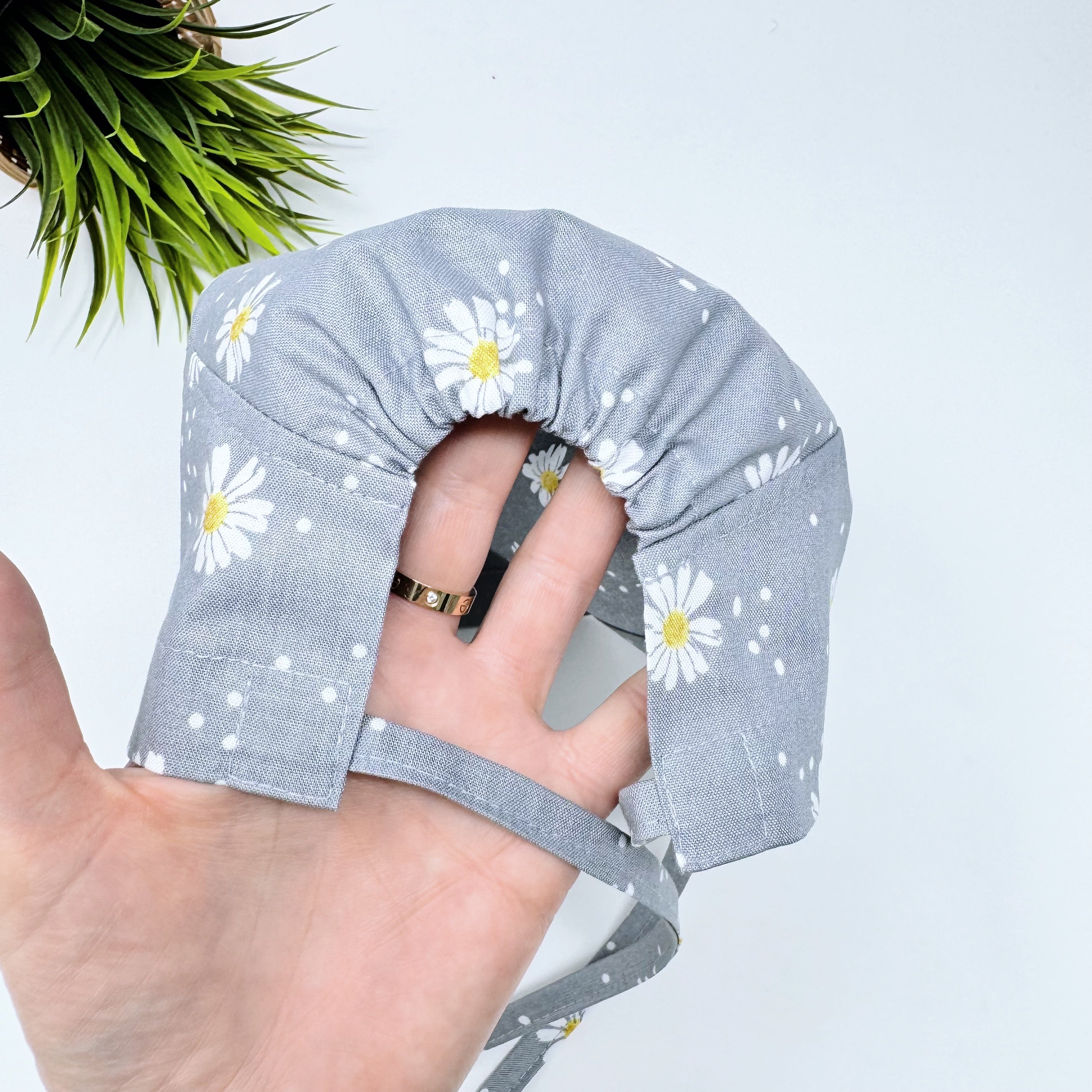 Gray Daisy Dots Skull tie-back style surgical scrub cap for men by Paradise Caps.