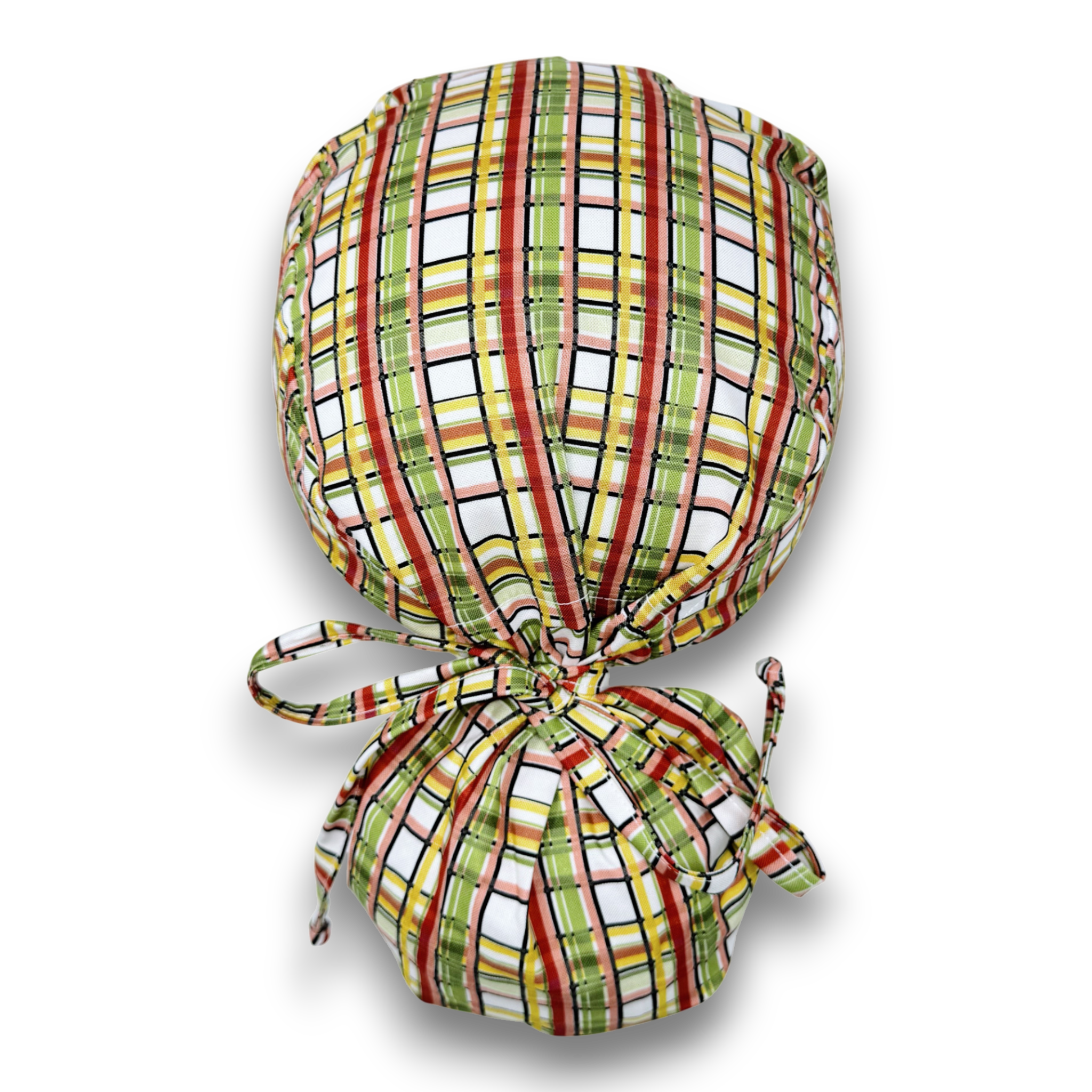 Autumn Plaid Ponytail scrub cap for women with satin lined option by Paradise Caps.