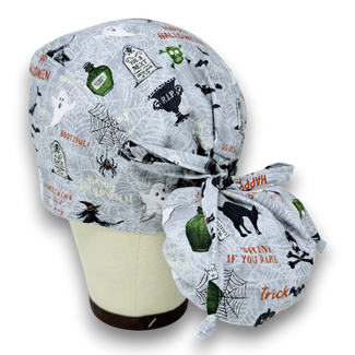 Spooky Night Ponytail scrub cap for women with satin lined option by Paradise Caps.