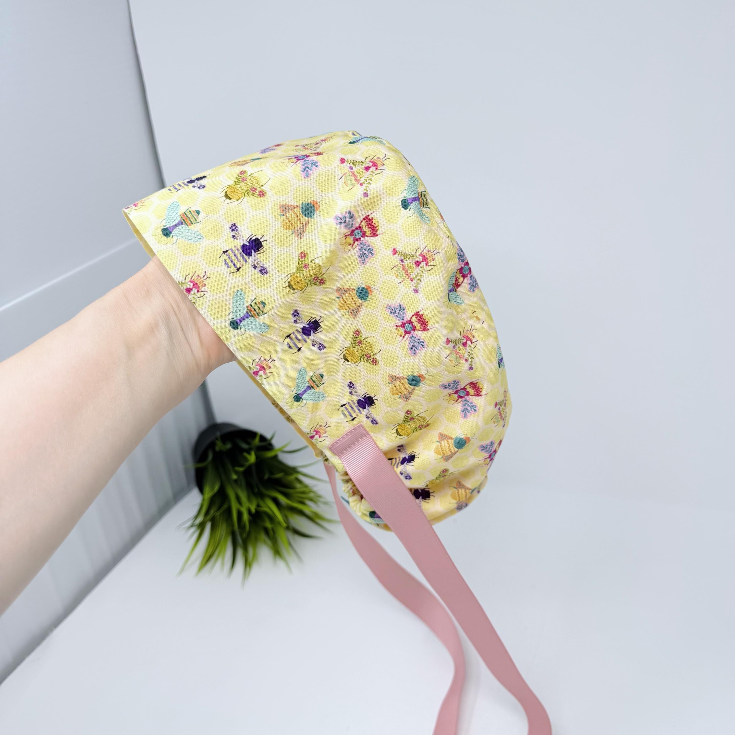 Bee Euro scrub cap with ties for Women, Yellow European Surgical cap with Satin Lined Option by Paradise Caps. Euro PLUS style.