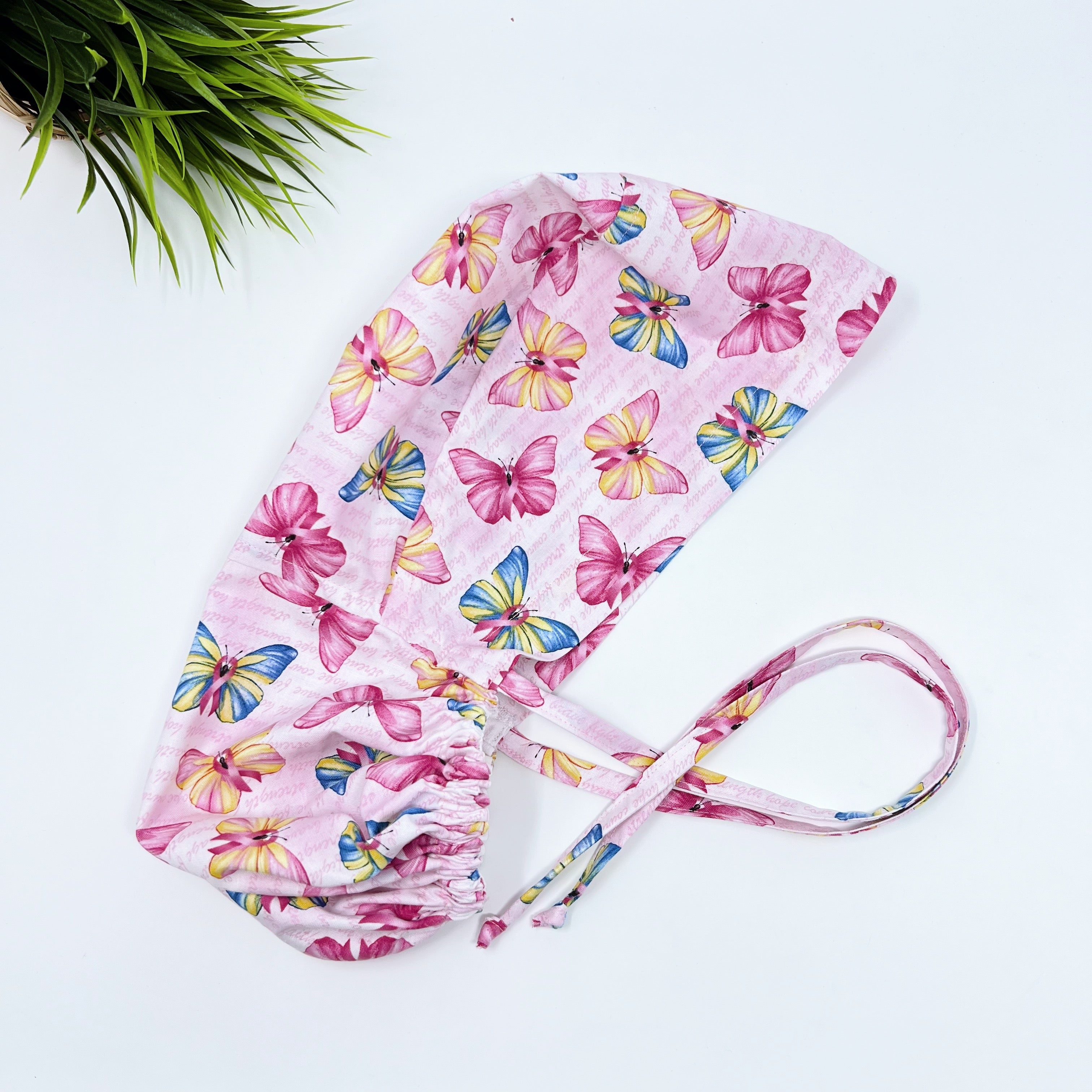 Butterflies Ponytail scrub cap for women with satin lined option by Paradise Caps.