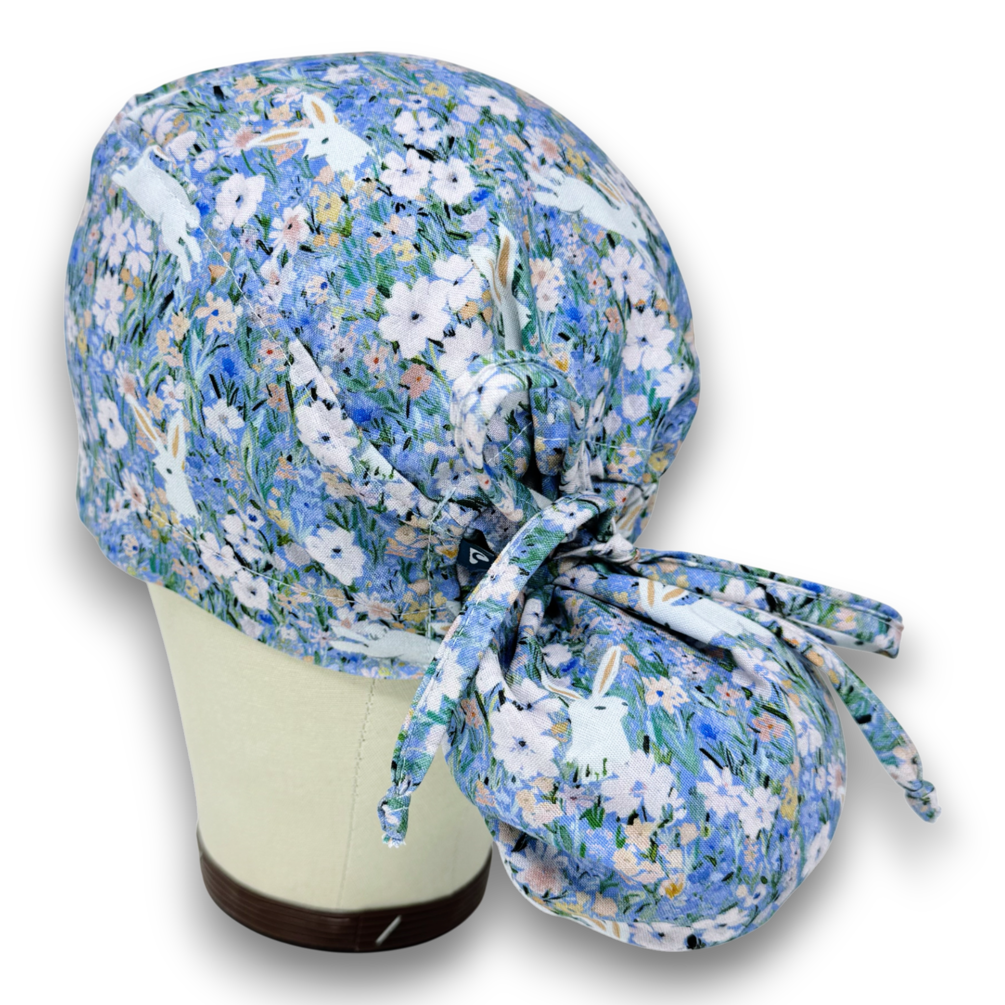 Spring Bunnies Ponytail scrub cap for women with satin lined option by Paradise Caps.