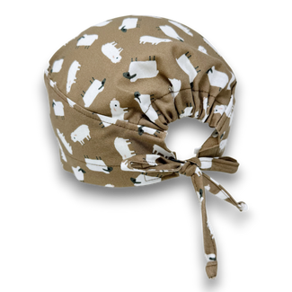 Sheep Men's surgical cap. Farm skull tie-back style scrub cap by Paradise Caps. Brown.