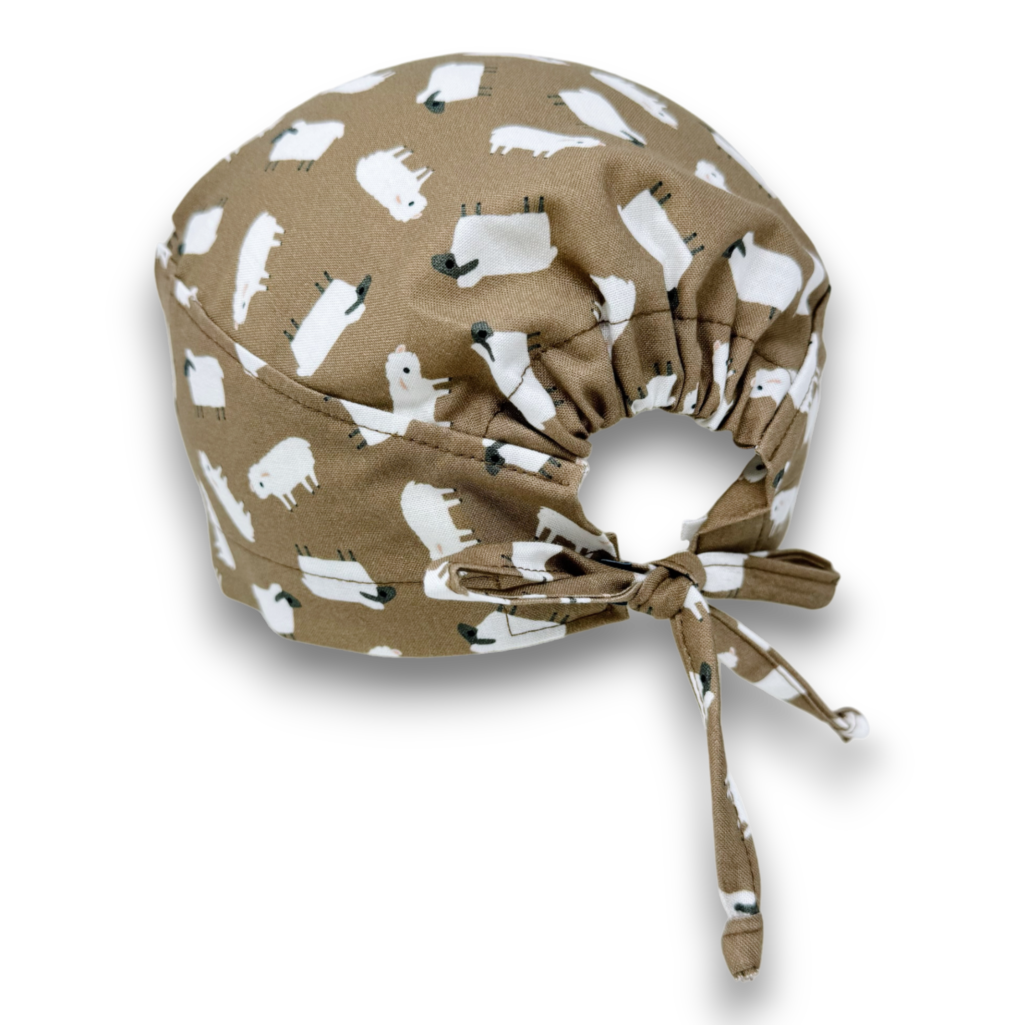 Sheep Men's surgical cap. Farm skull tie-back style scrub cap by Paradise Caps. Brown.
