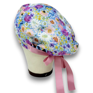 Summer Euro scrub cap with ties for Women. Watercolor Floral Print European Surgical cap with Satin Lined by Paradise Caps.