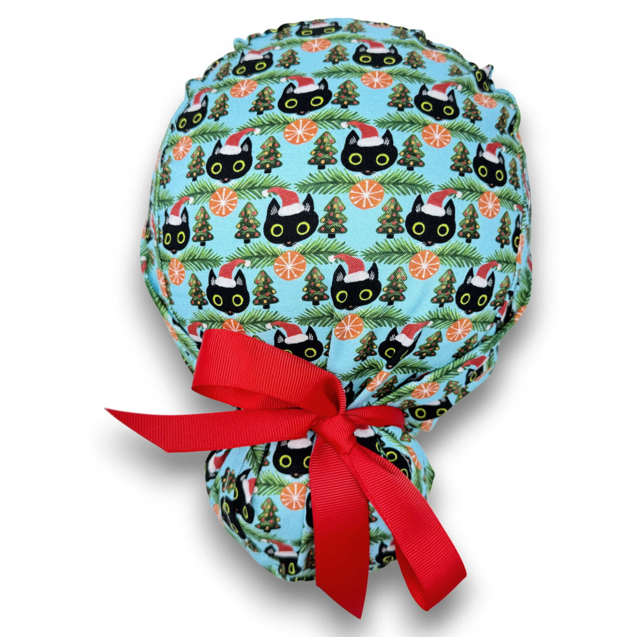 Christmas Cat Euro scrub cap with ties for Women by Paradise Caps. Euro PLUS style.
