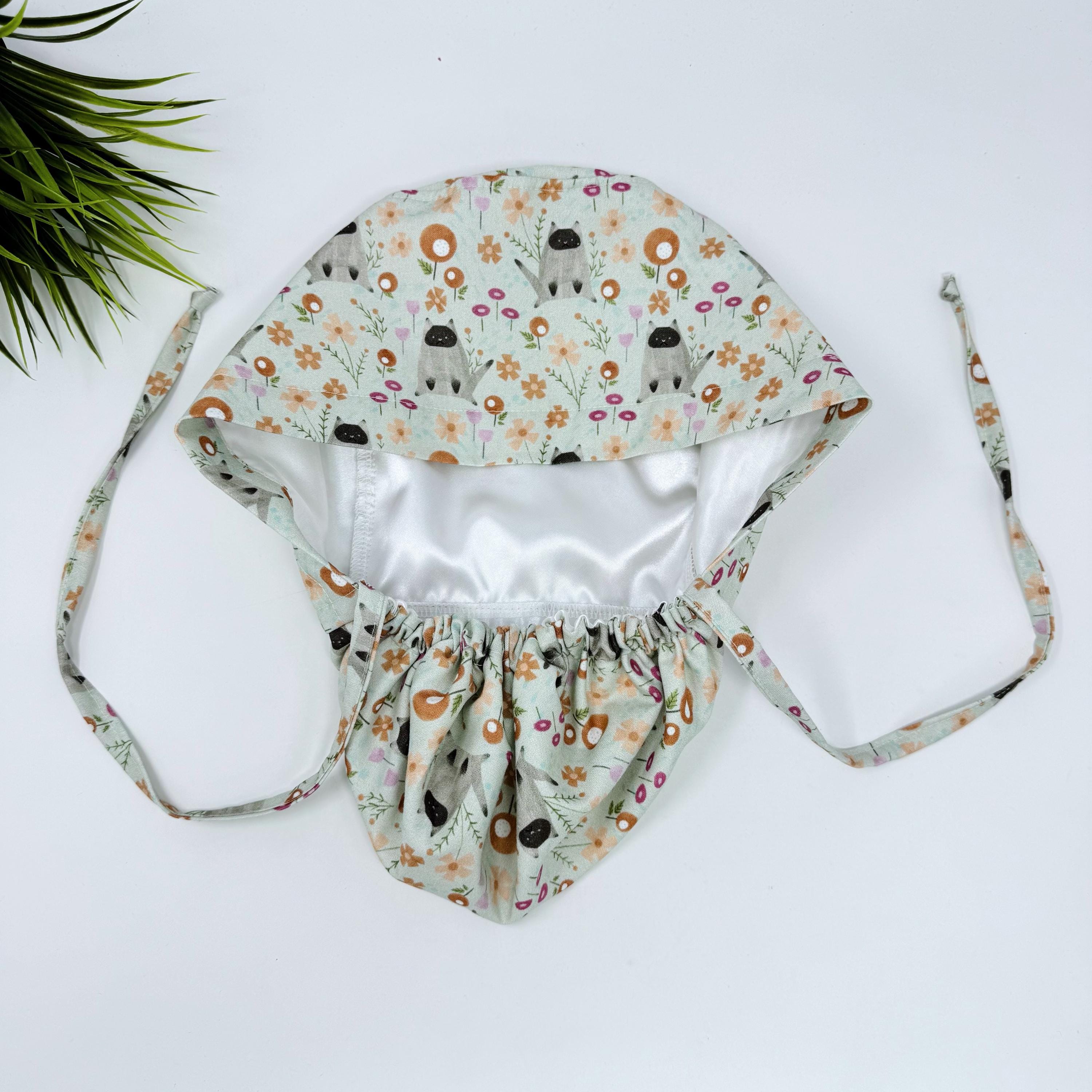 Cat Ponytail scrub cap by ParadiseCaps. Surgical cap for women with satin lined option. Funny scrub hat for women.
