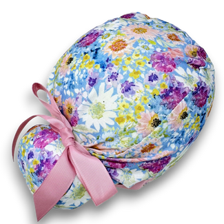 Summer Euro scrub cap with ties for Women. Watercolor Floral Print European Surgical cap with Satin Lined by Paradise Caps.