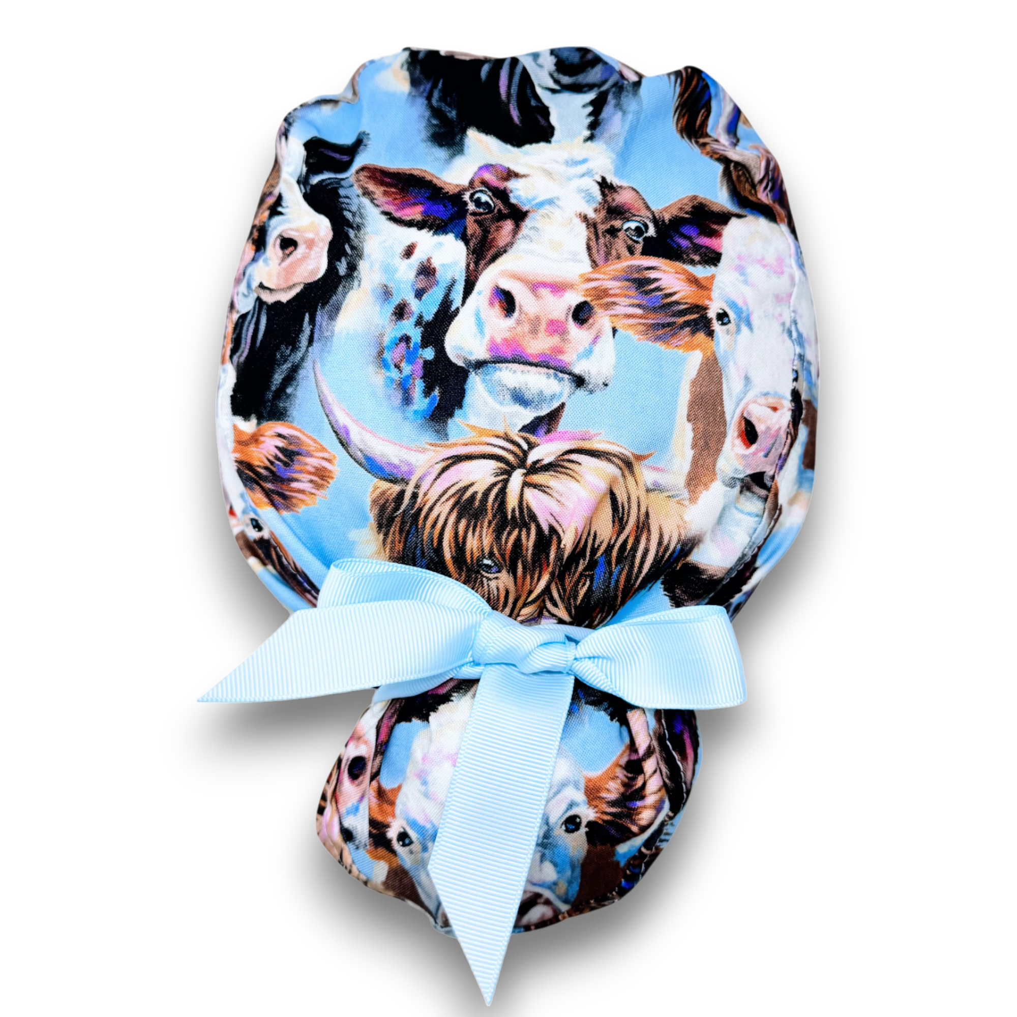 Cow Euro scrub cap with ties for Women by Paradise Caps. Euro PLUS style.