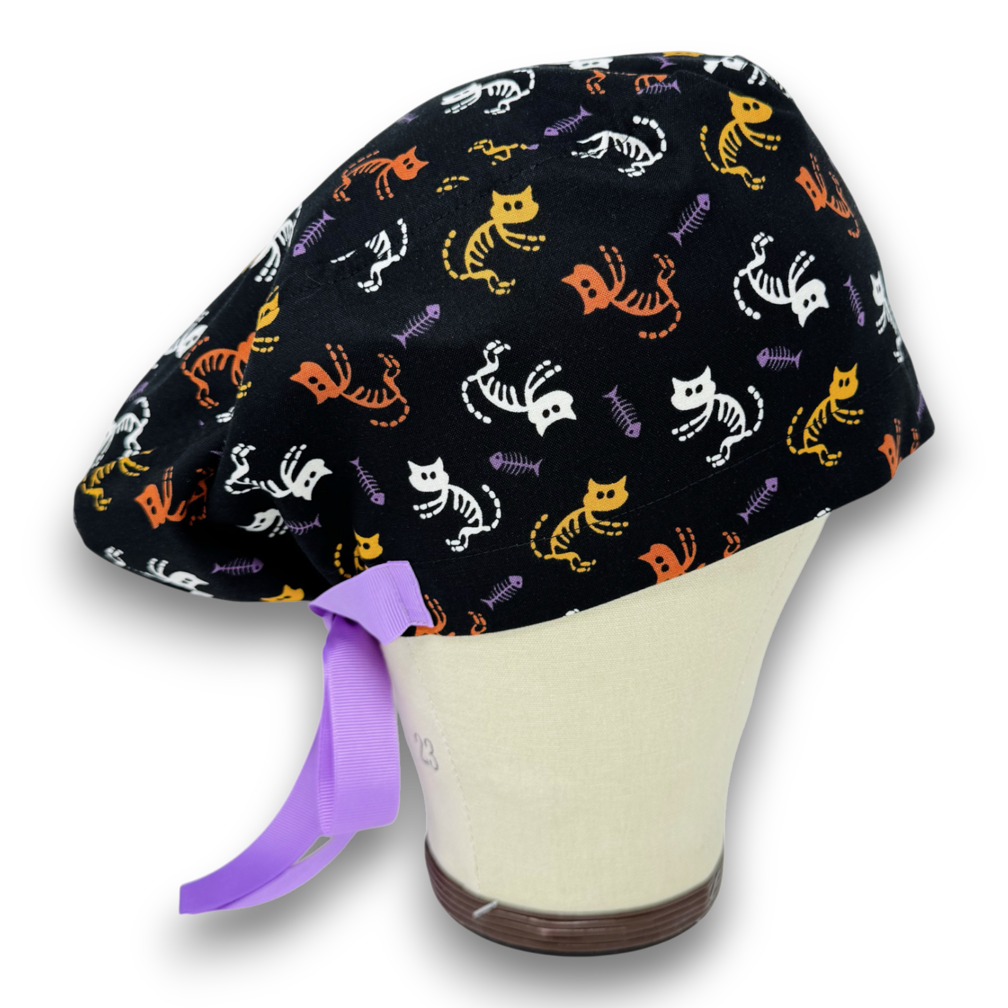 Skeleton Cat Euro scrub cap with ties for Women by Paradise Caps. Euro PLUS style.