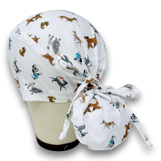 Ponytail scrub cap by Paradise Caps. Funny dogs Surgical hat for women with satin lined option.
