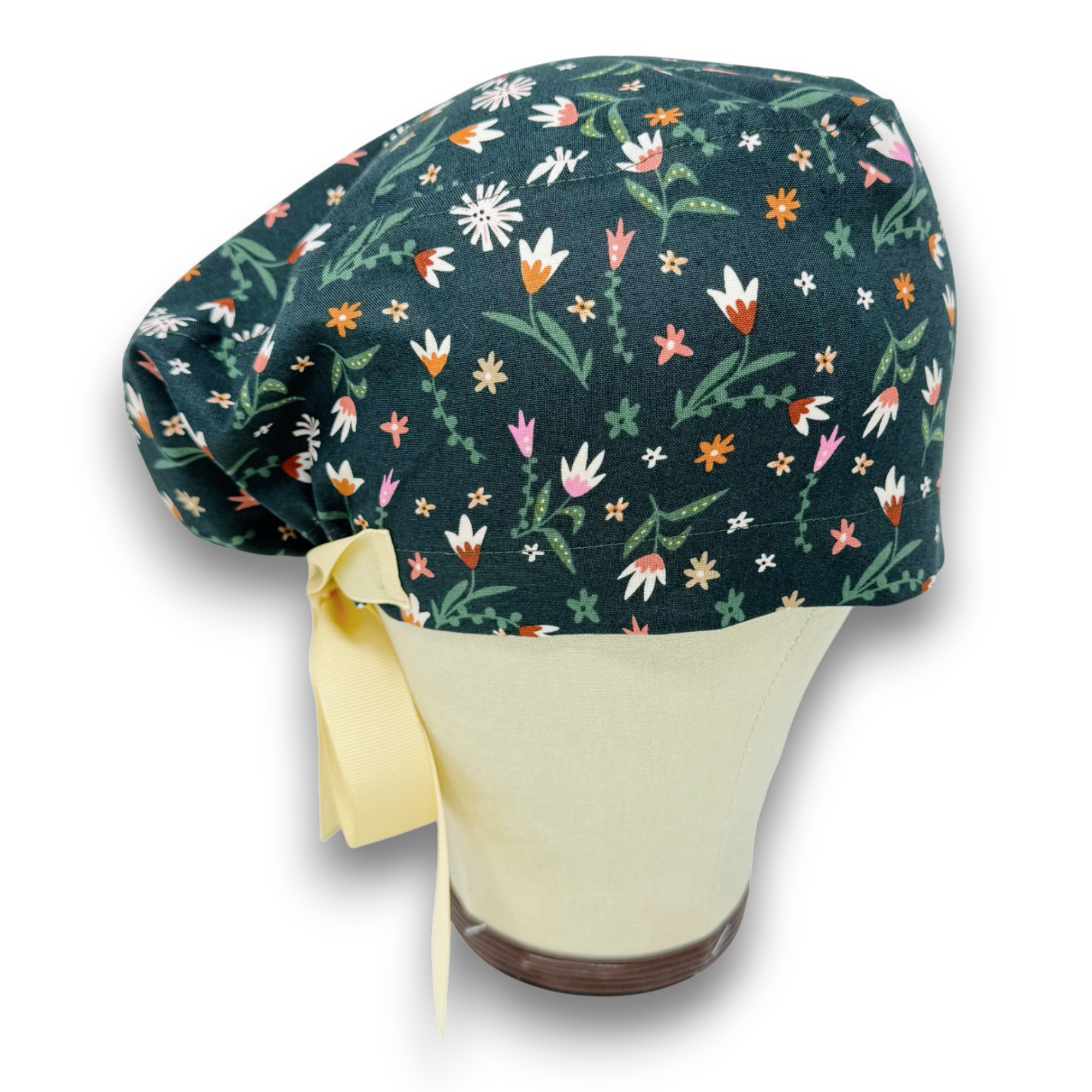 Flowers Euro scrub cap with ties for Women by Paradise Caps. Euro PLUS style.