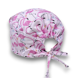 Flamingo Skull tie-back style surgical scrub cap with satin lined option by Paradise Caps.