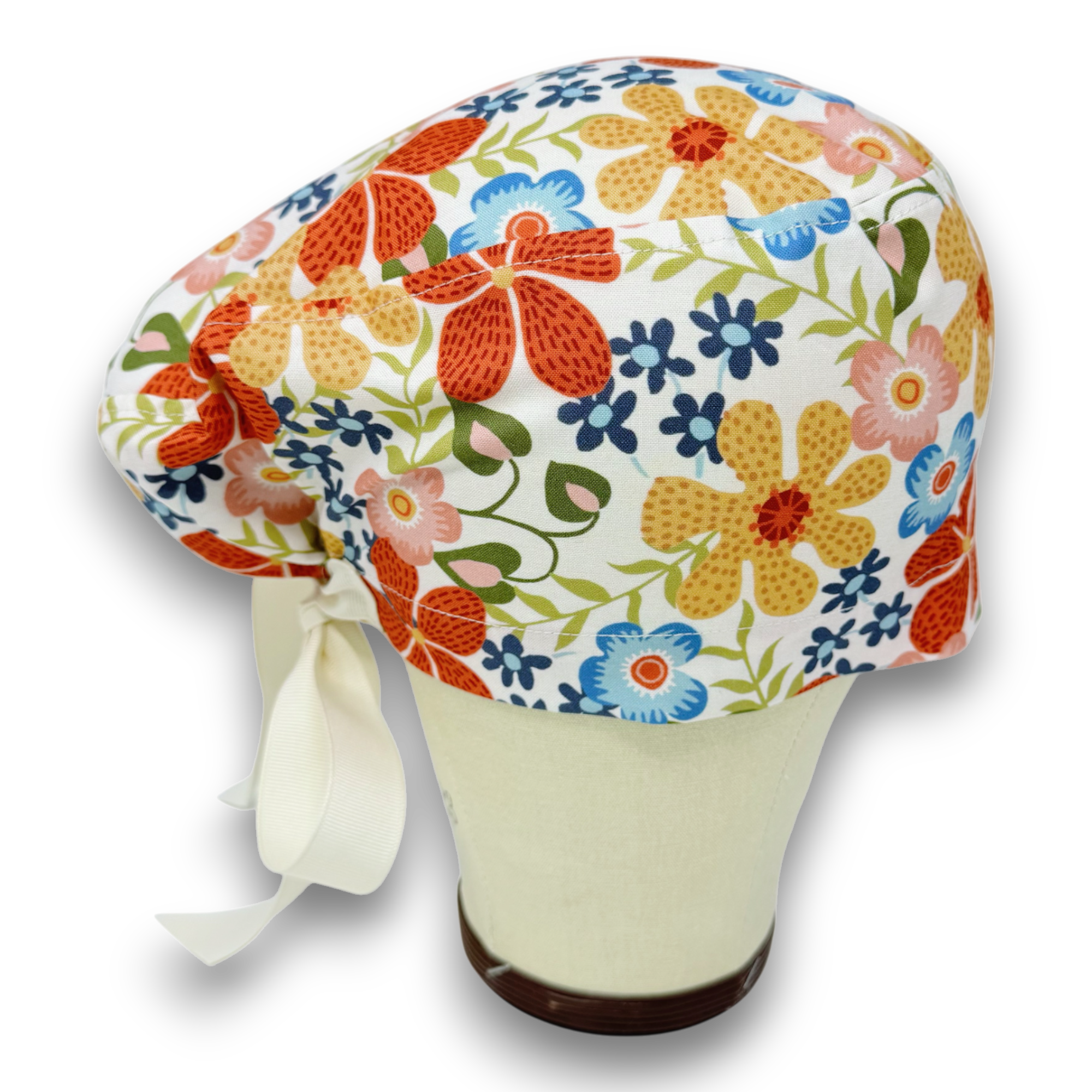 Retro Floral Euro scrub cap with ties for Women by Paradise Caps. Euro PLUS style.