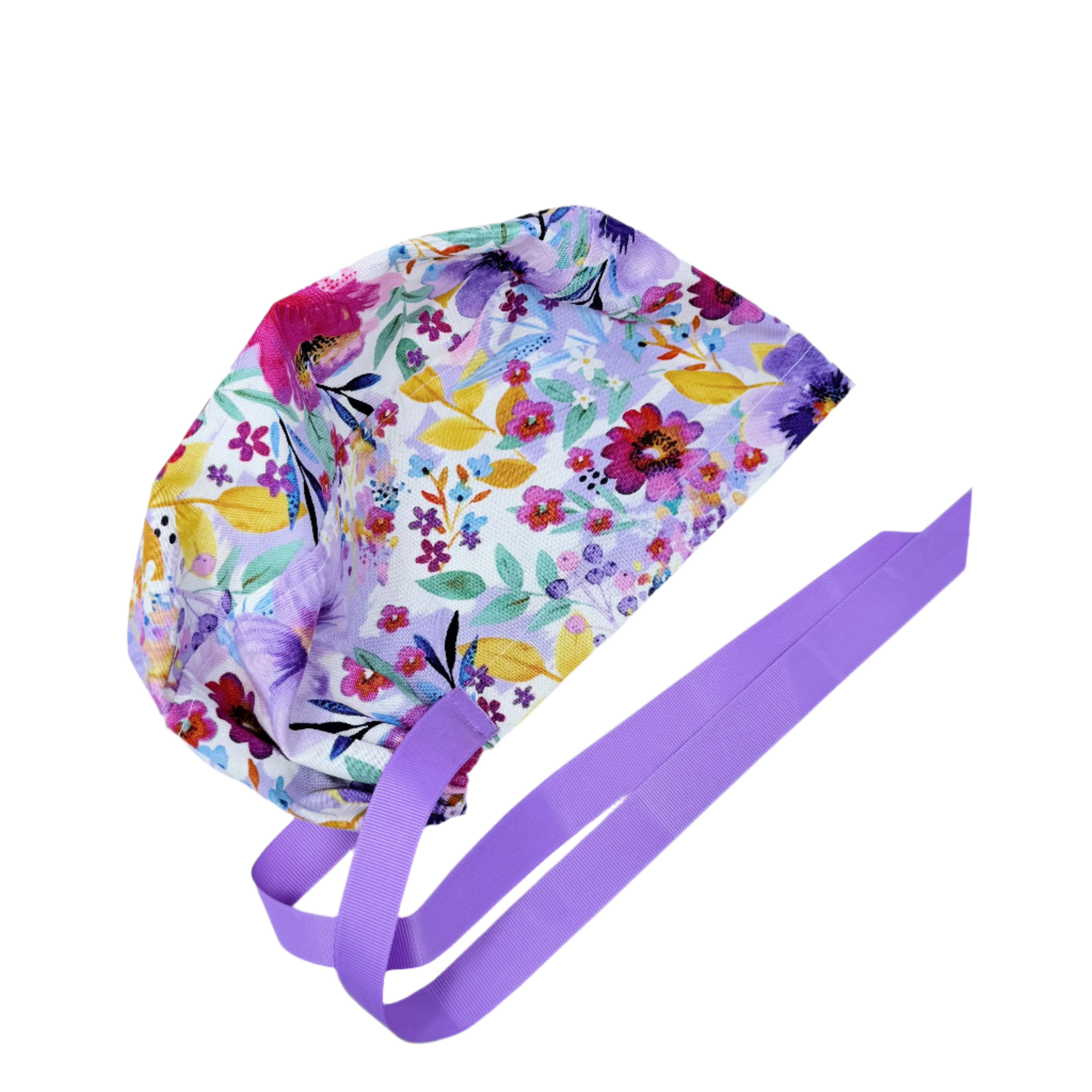 Purple flower Euro scrub cap with ties for Women by Paradise Caps. Euro PLUS style.